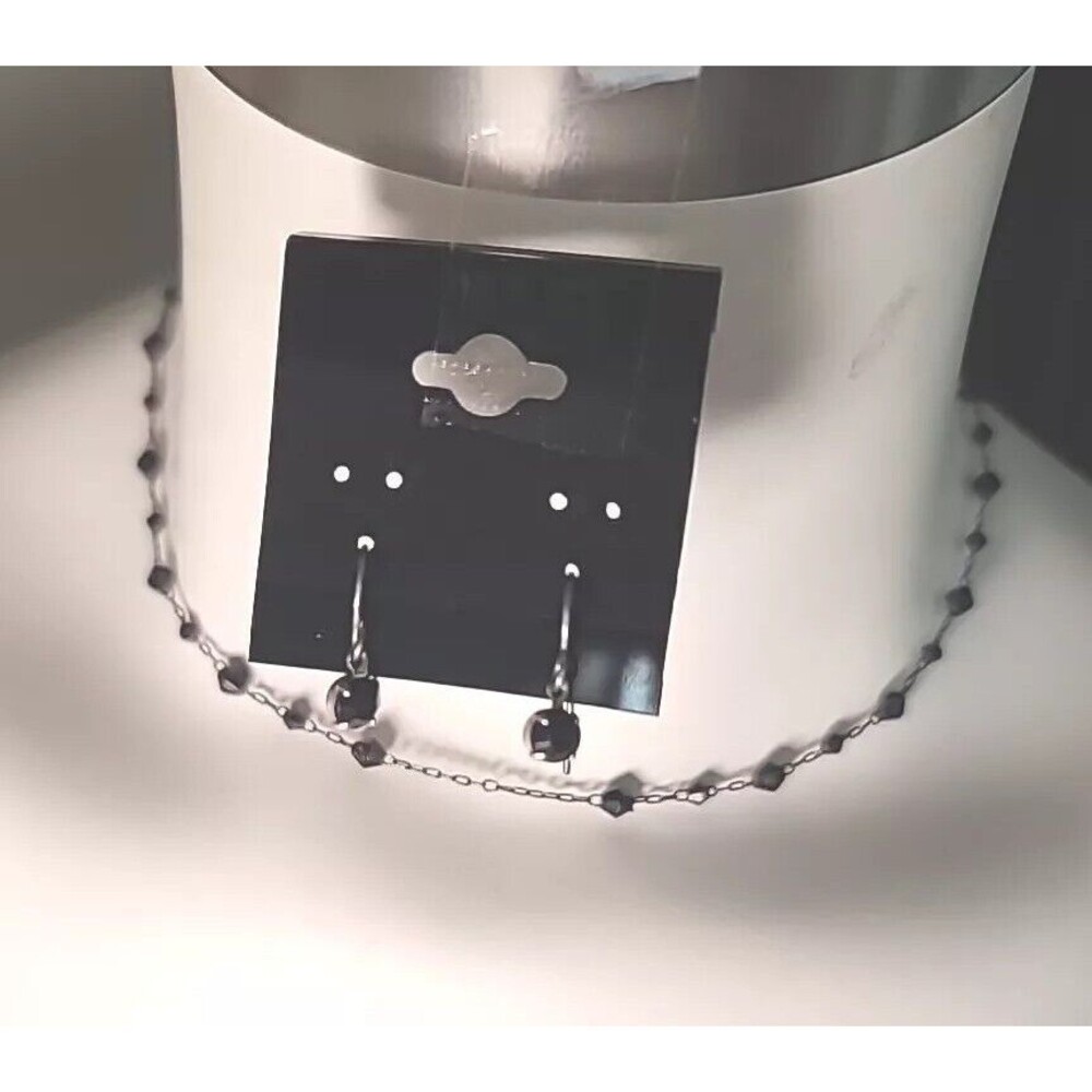 Vintage Dainty  Black Beaded Silvertone Necklace And  Earrings Jewelry Set